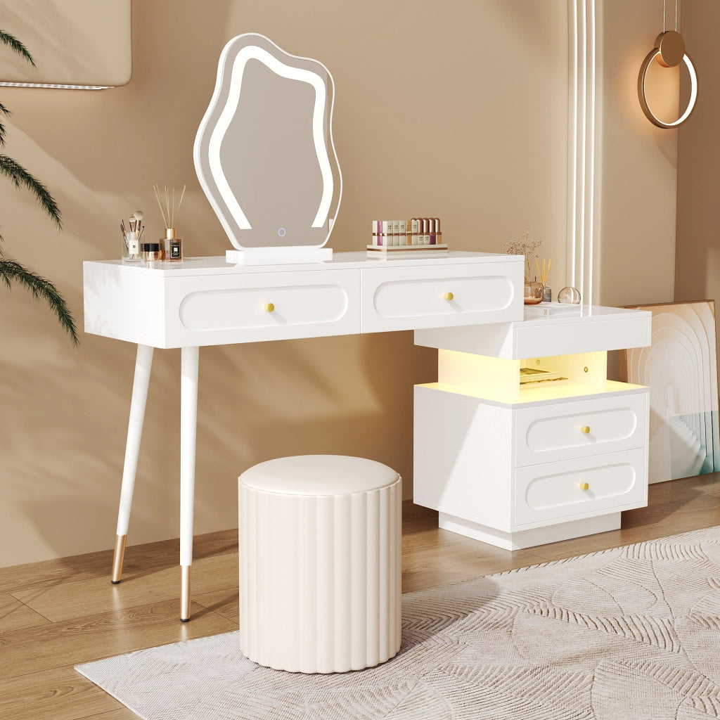 Toeletta con 4 cassetti; LED e vano aperto per camera da letto - bianco - 140×40×130 cm