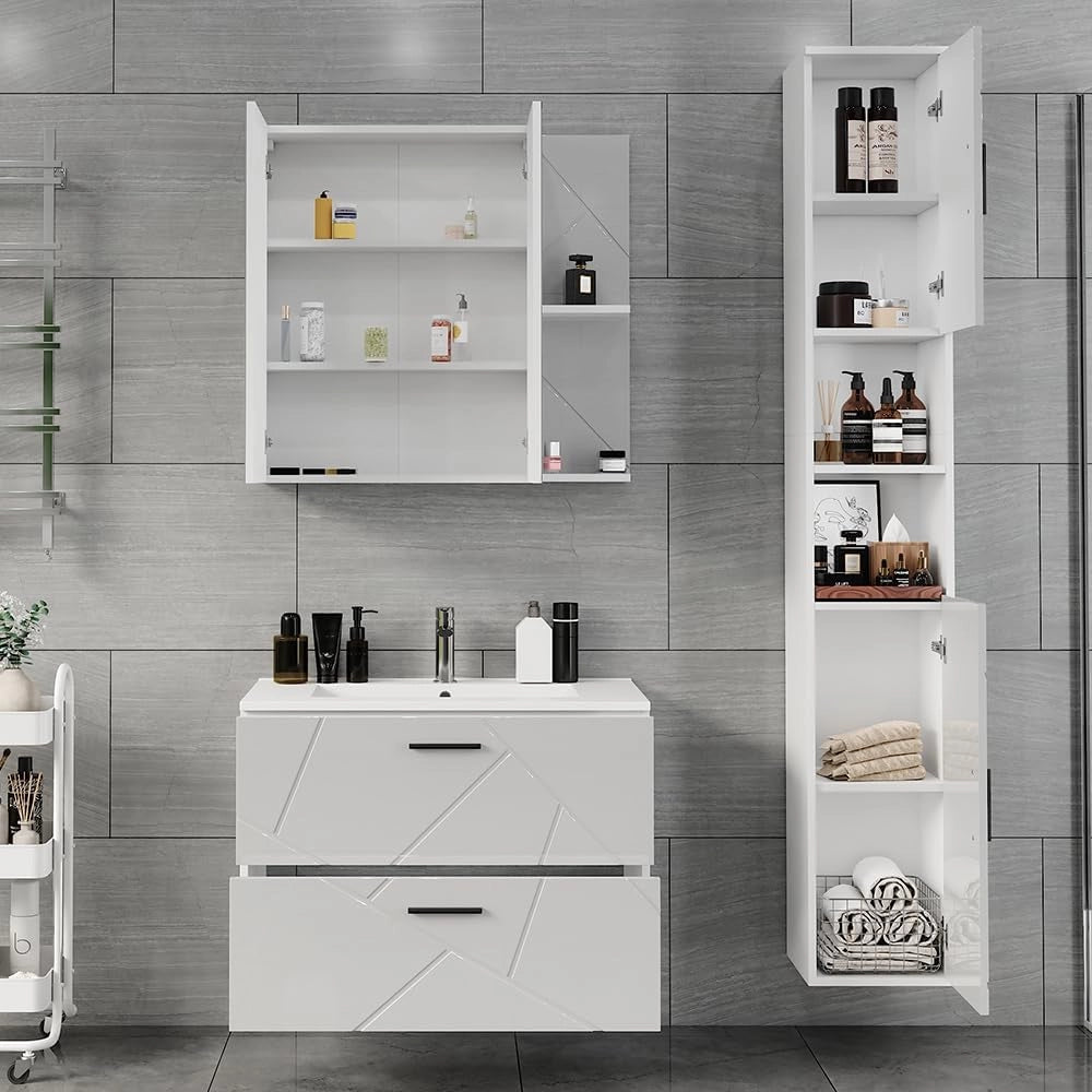 Set di mobili da bagno Irma, Bianco/bianco lucido, 80 cm, composto da mobile sottolavabo con lavabo, armadio alto e specchio da bagno