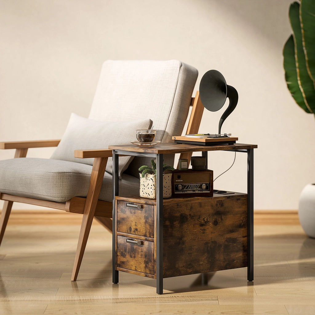 TAVOLINO Laterale 55x35x58,5 cm Marrone con 2 cassetti e prese integrate