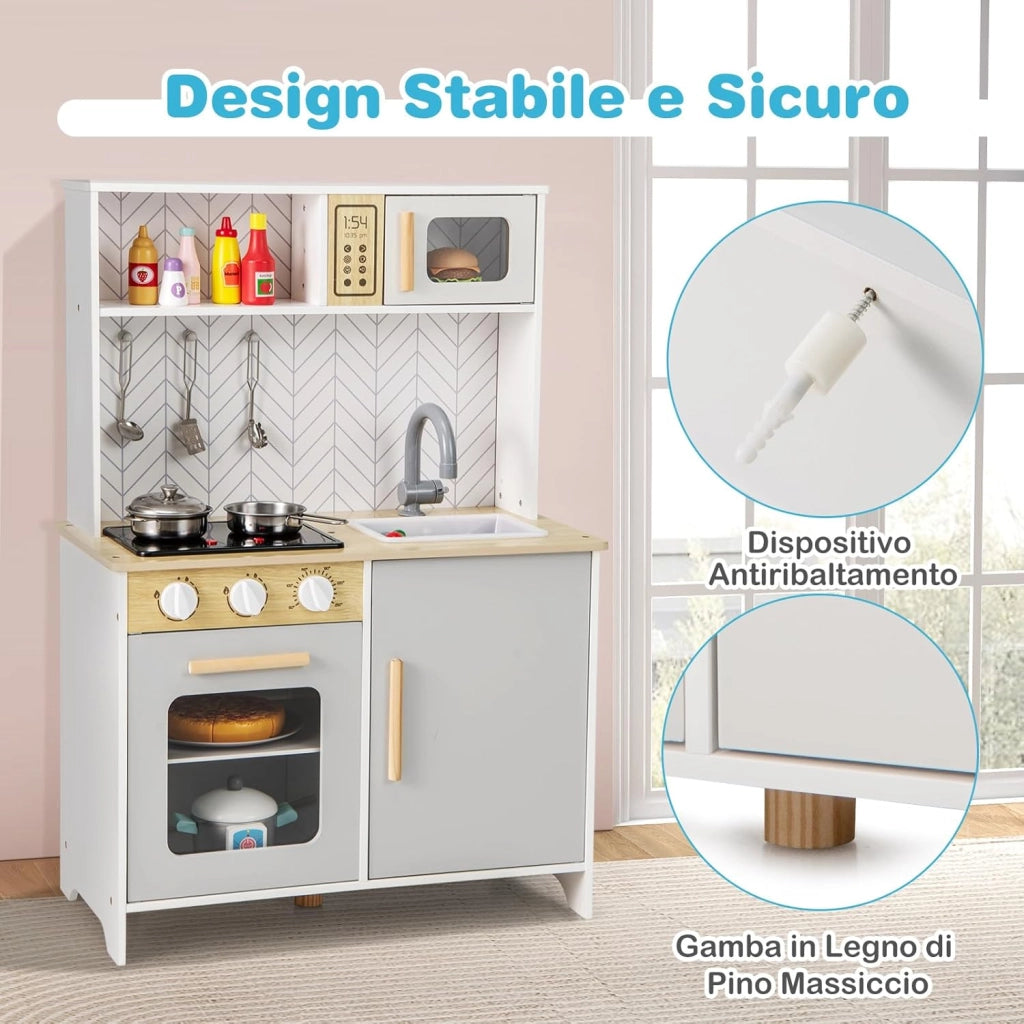 Cucina Giocattolo con Fornelli a Suoni e Luci Reali, Cucina per Bambini in Legno con Lavandelo Estrabile, Microonde e Forno, Set Cucina con Accessori, per 3+ Anni, 60 x 30 x 85 cm (Bianco)