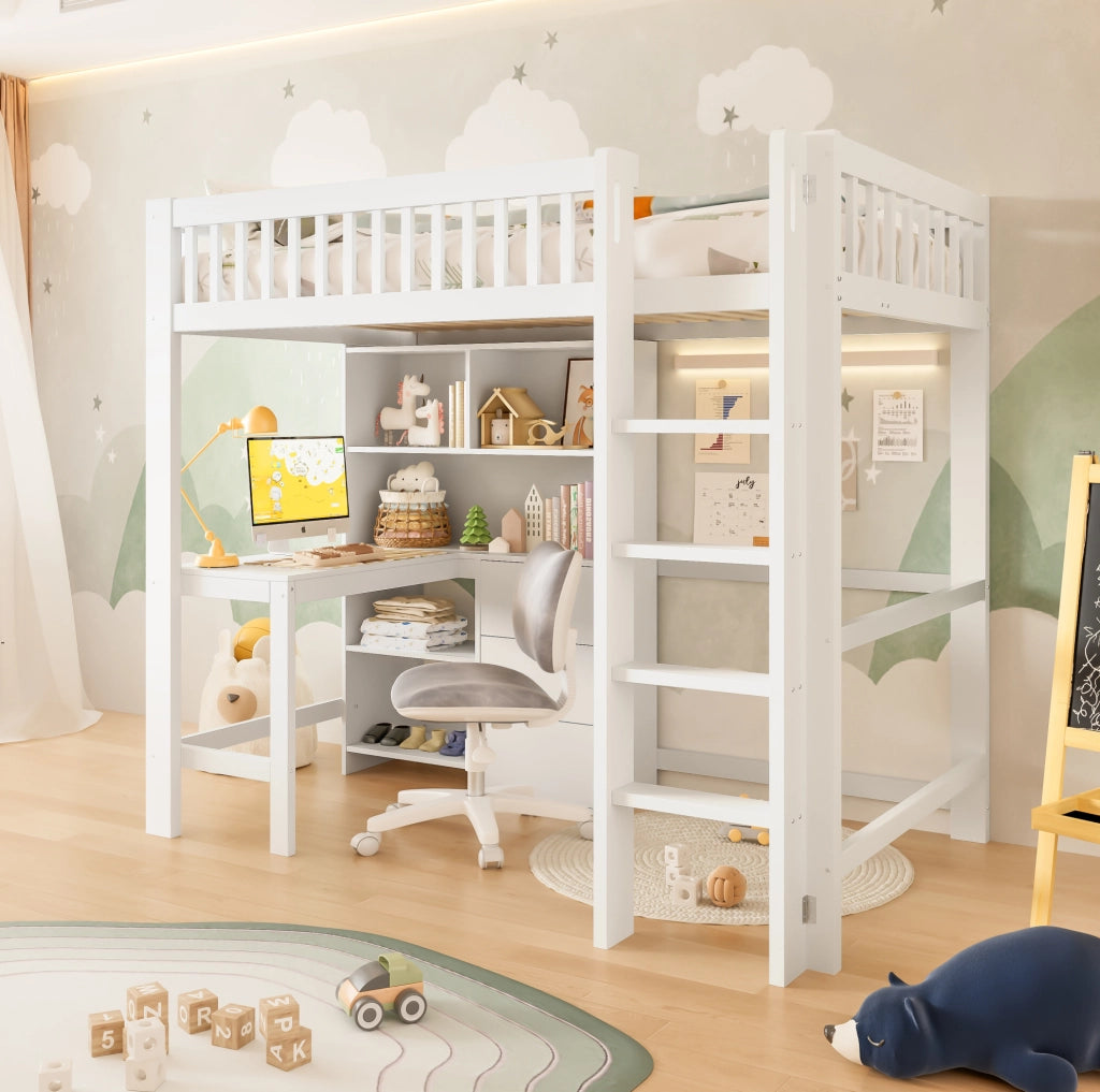 Letto a soppalco bianco 90x200 cm con scrivania e cassetti
