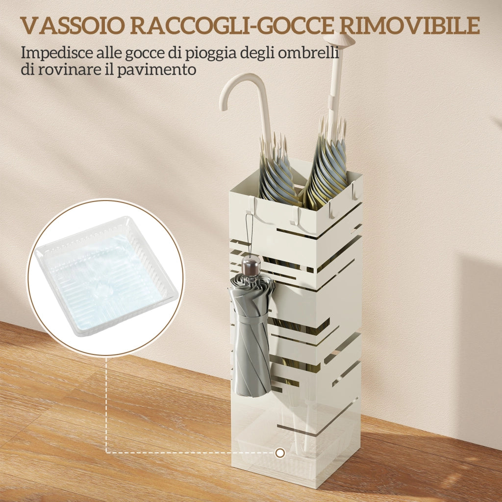Portaombrelli Quadrato Metallo ¨C Xylo ¨C Beige con Vassoio Antigoccia e 4 Ganci, 15.5x15.5x49 cm