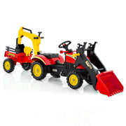 Escavatore a pedali per bambini con 6 ruote rimorchio staccabile e 2 benne, Escavatore a pedali ruspa per bambini 3-6 anni Rosso-Macchinine giocattoli