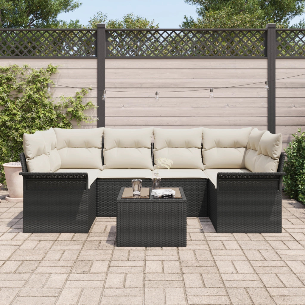Set Divano da Giardino da 7 Pezzi con Cuscini Nero Polyrattan