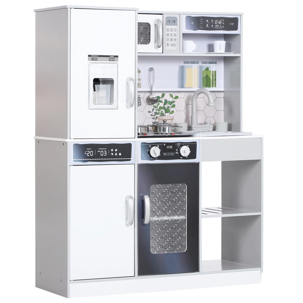 Set Cucina Giocattolo in Legno con Fornello con Luci e Suoni. Lavello con Circolo d'Acqua e Accessori. Bianco