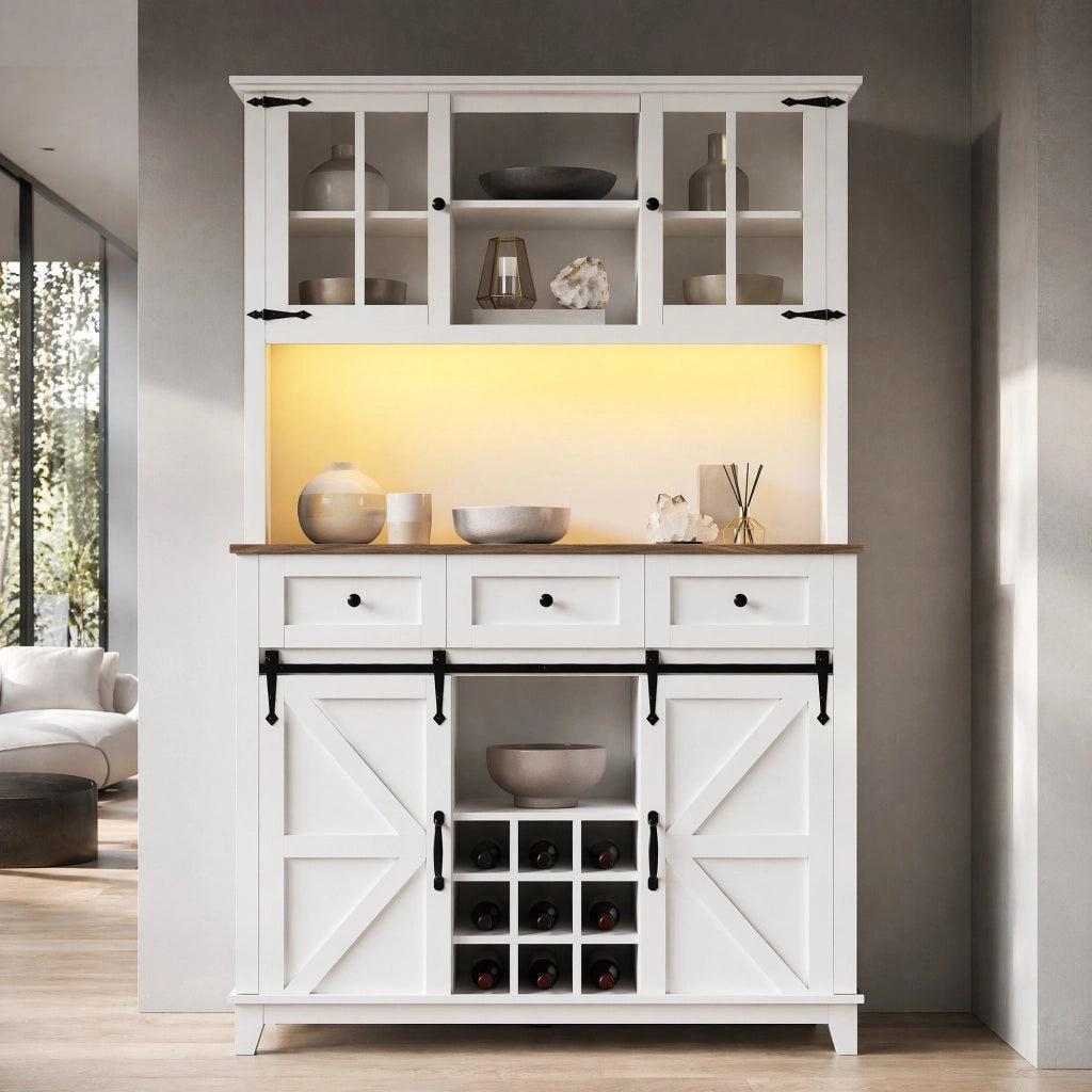 Mobile alto da cucina con ante in vetro e LED, ripiani regolabili, MDF, bianco, 105 × 38,4 × 180 cm