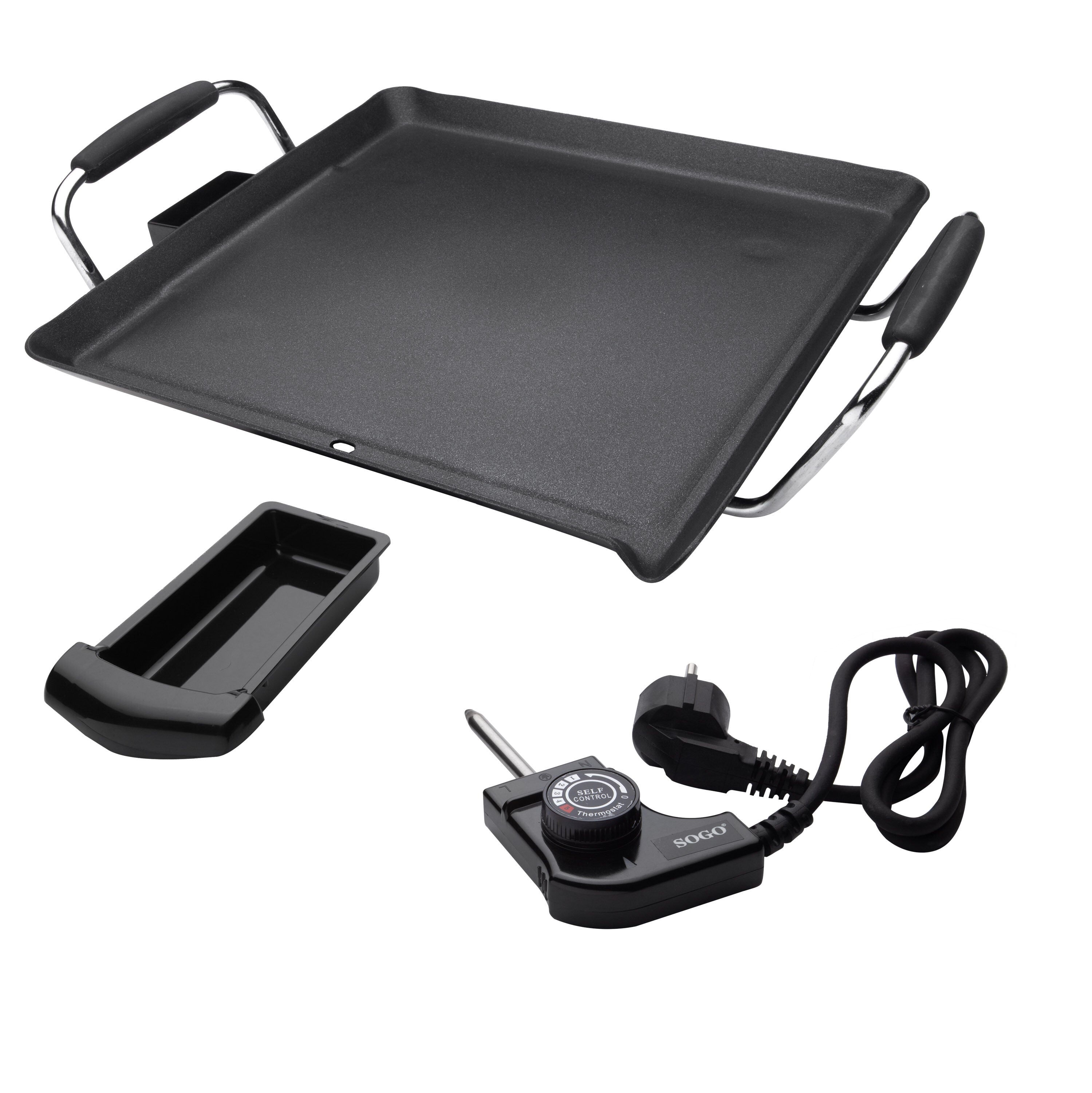 SOGO Griglia Elettrica da Tavolo 1500W – Antiaderente, Termostato Regolabile, Cottura Senza Grassi, Manici in Acciaio, Facile da Pulire