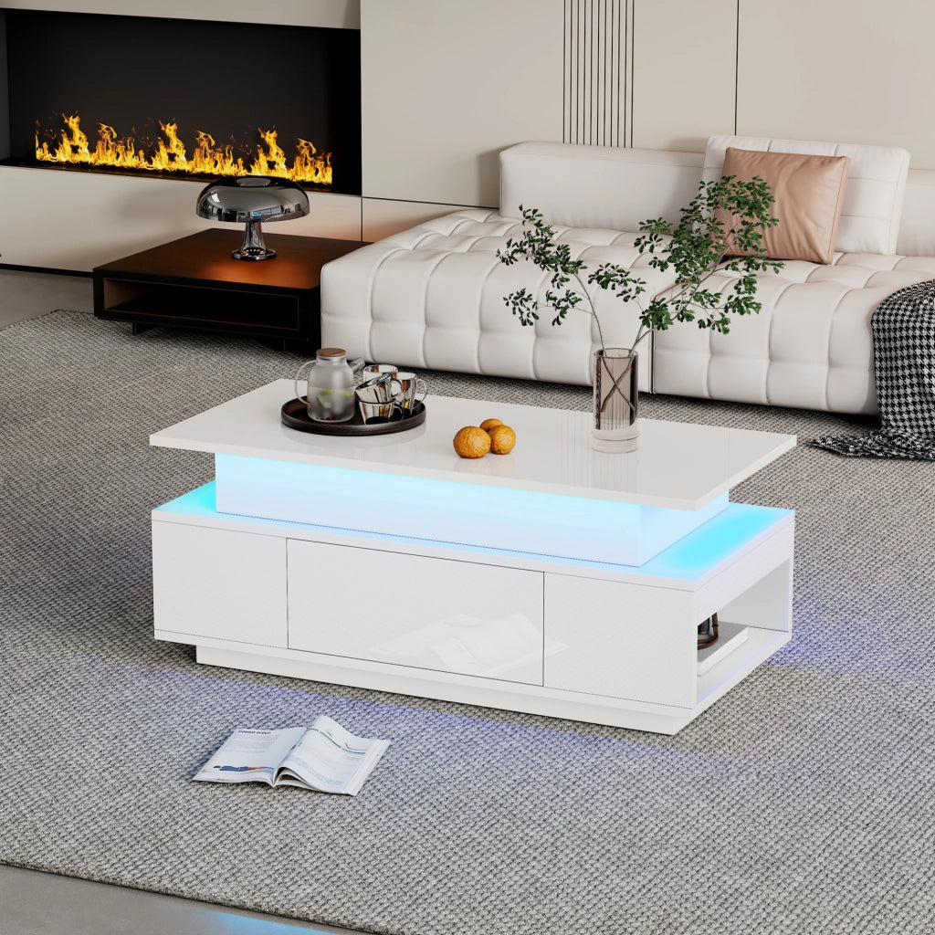 Tavolino da salotto elevabile con vano contenitore, cassetto e luce LED