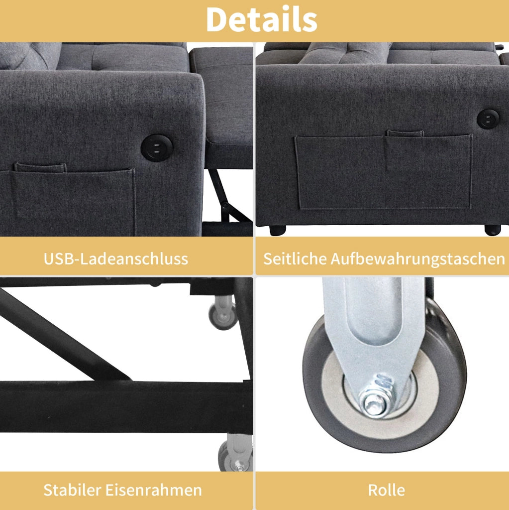 Divano letto 3 in 1 grigio con schienale regolabile, porte USB e 2 cuscini