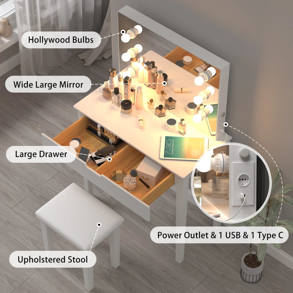 Toeletta con specchio LED a 6 luci; sgabello e 2 cassetti con prese USB e Type-C in MDF bianca per camera