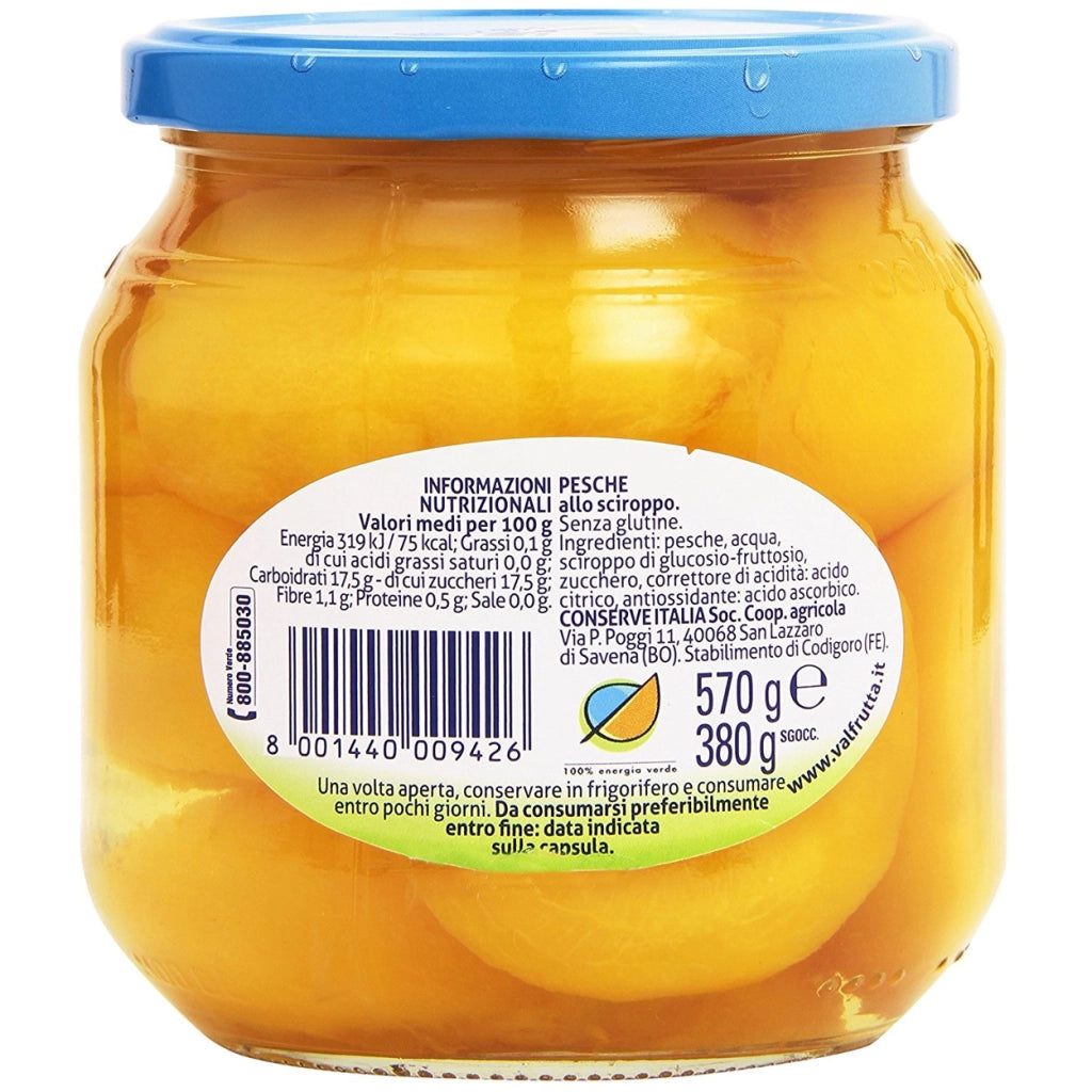 Valfrutta pesche sciroppate confezione da 570 grammi in vaso di vetro