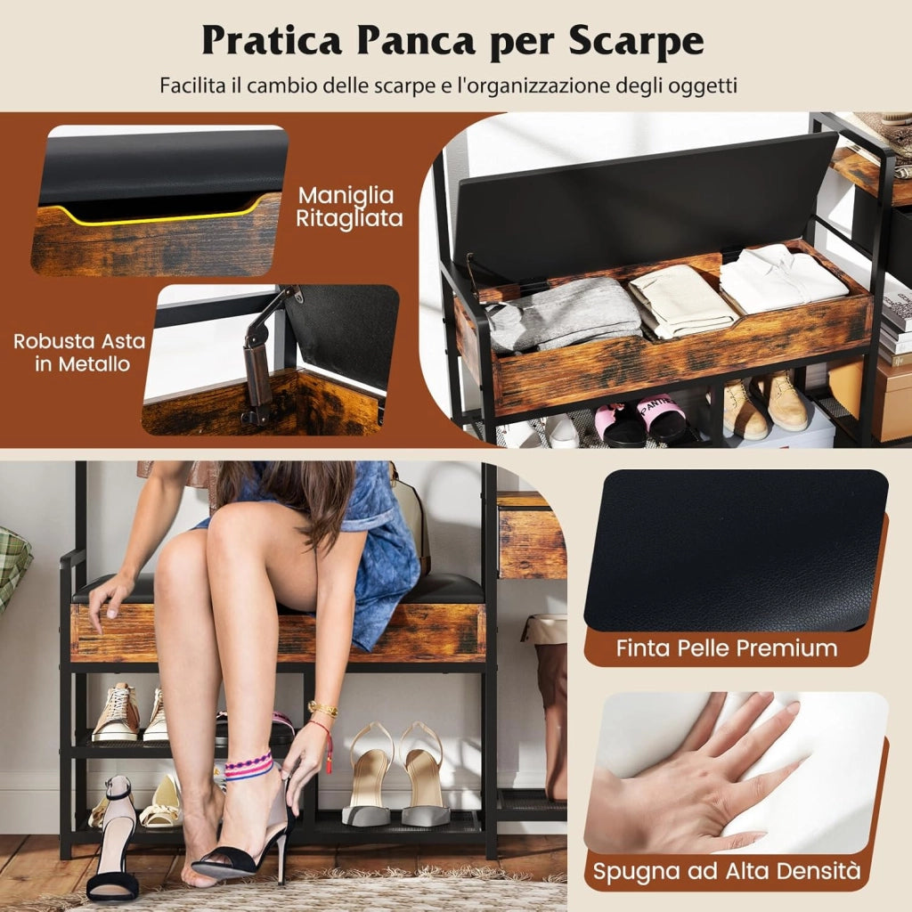 Appendiabiti da Terra 178 cm, Stand Appendiabiti da Ingresso con Scaffale per Scarpe 12 Ganci Cassetti e Panchina, Stendibiancheria per Ingresso Soggiorno Camera da Letto