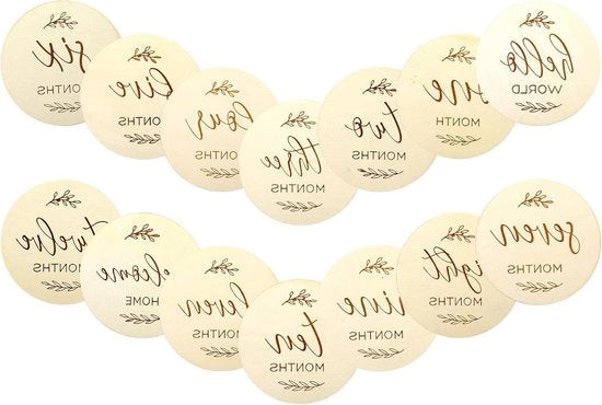 Set di Carte di Crescita in Legno per Bambini da 0 a 12 Mesi - 7 Carte - Registrazione del Bambino - Regalo per il Bambino - Tema "Ciao Mondo" - Doppia Faccia