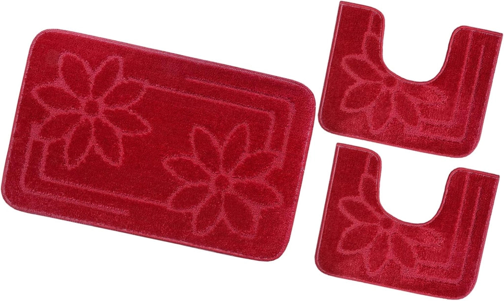 Tappeto Bagno Set 3 Pezzi Tinta Unita Antiscivolo Assorbente Girowater Fiori Made In Italy Rosso