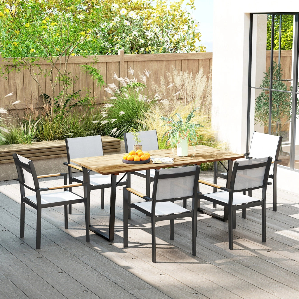 Tavolo da Giardino Rettangolare a 6 Posti con Foro per Ombrellone, Legno e Acciaio, 175x80x75 cm, Marrone