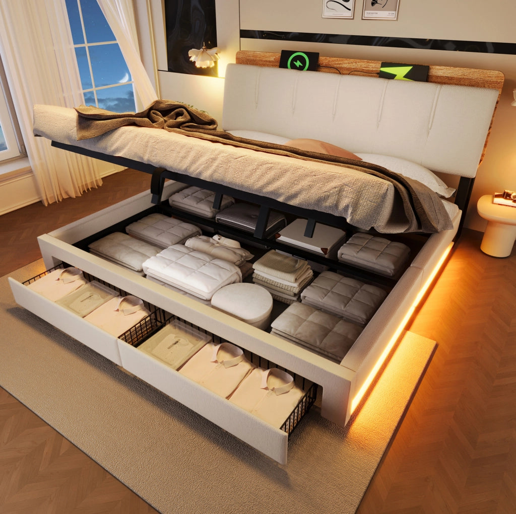 Letto imbottito 180x200 cm con vano contenitore, LED e USB-C