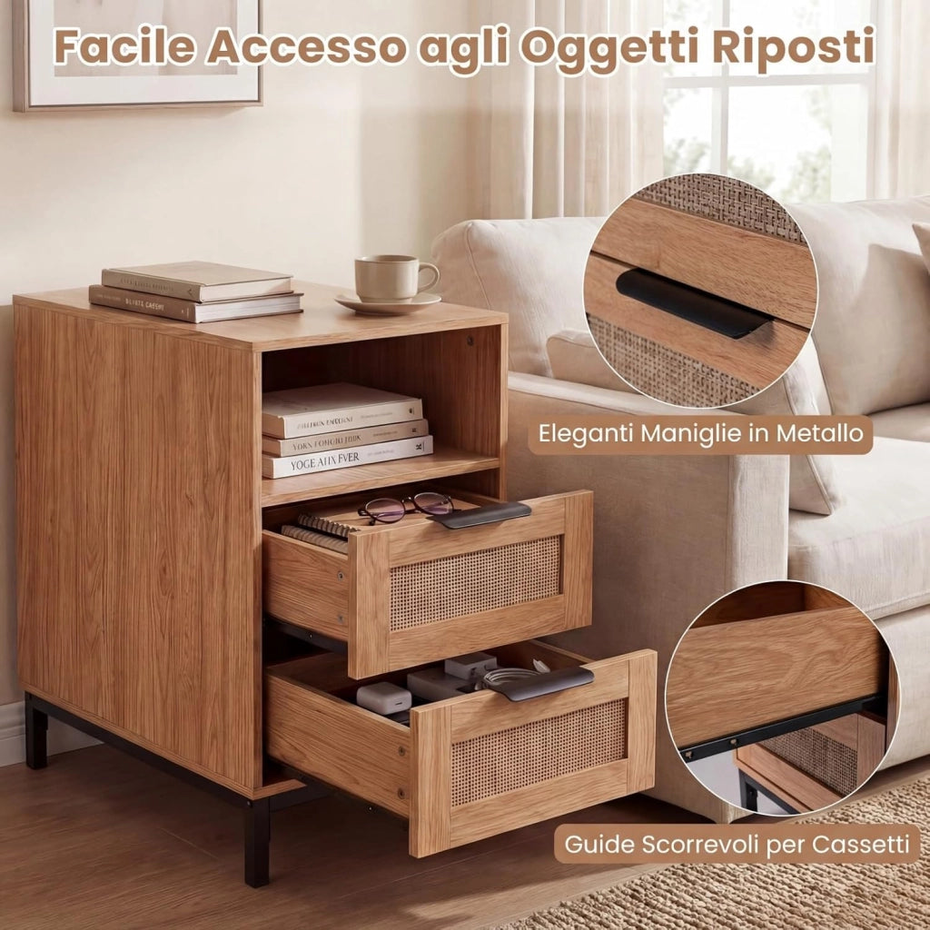 Tavolino con Stazione di Ricarica, Comodino in Rattan con 2 Cassetti, Ripiano Aperto e Gambe in Metallo, Tavolino per Camera da Letto, Soggiorno e Ingresso (Naturale)