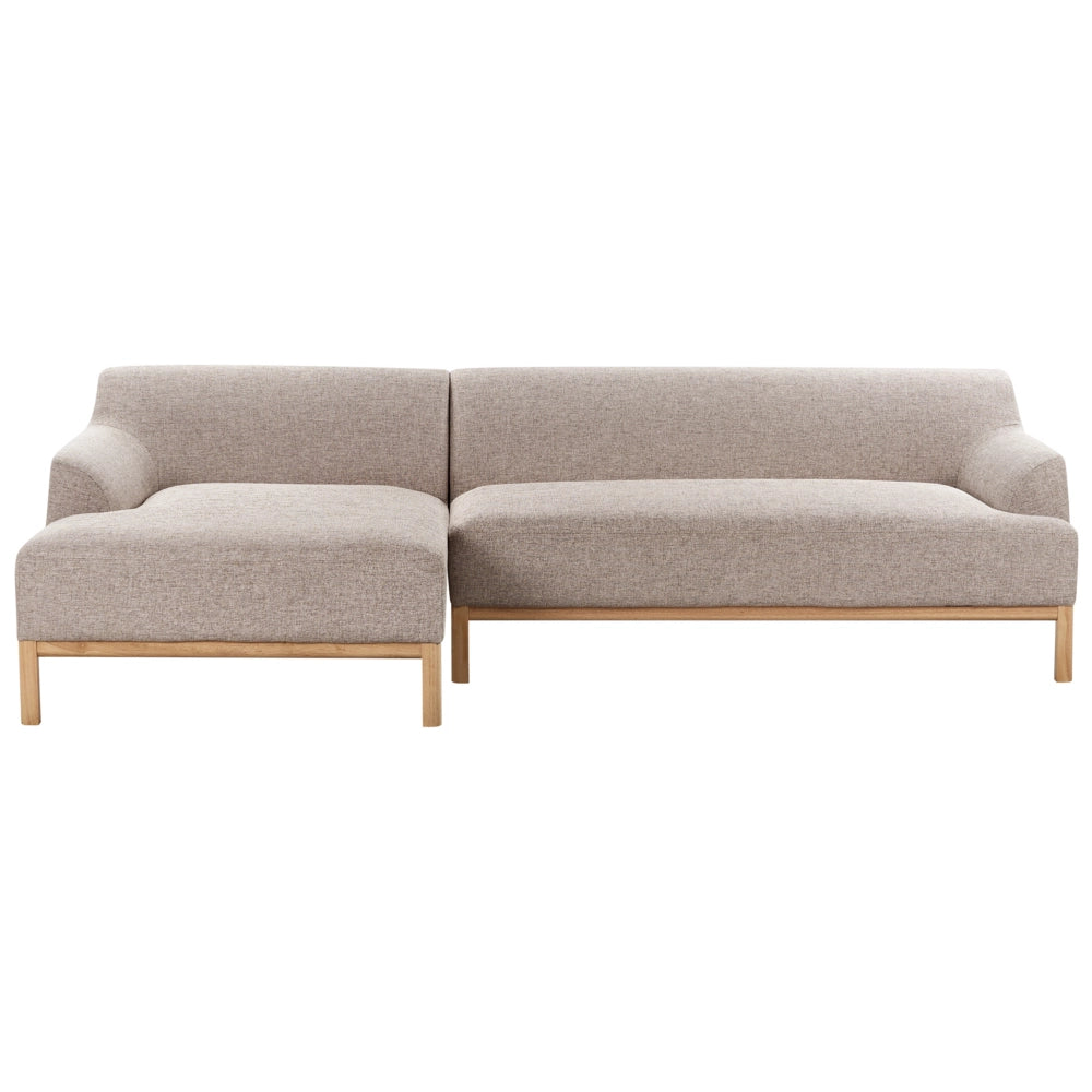 Divano angolare a destra Tessuto poliestere marrone chiaro Gambe di legno Soggiorno elegante