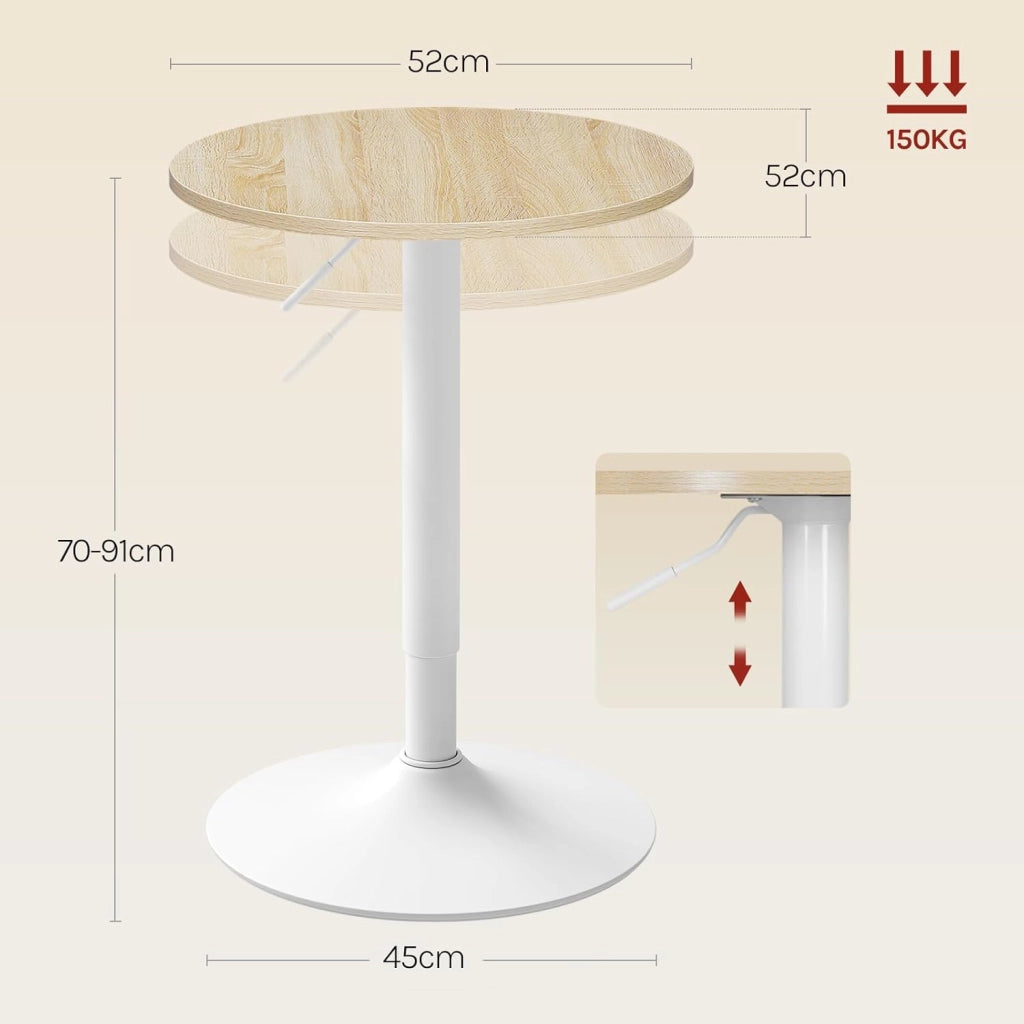 Tavolo Alto da Bar Girevole a 360°, Tavolino Rotondo in Legno e Metallo, Tavolo Regolabile in Altezza 70-91cm, da Cucina, Soggiorno, Rovere Chiaro + Bianco