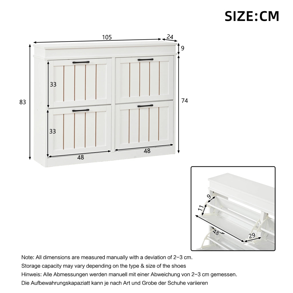 Scarpiera salvaspazio con 4 ante a ribalta, 8 ripiani, struttura in MDF, bianco, 105 x 24 x 83 cm