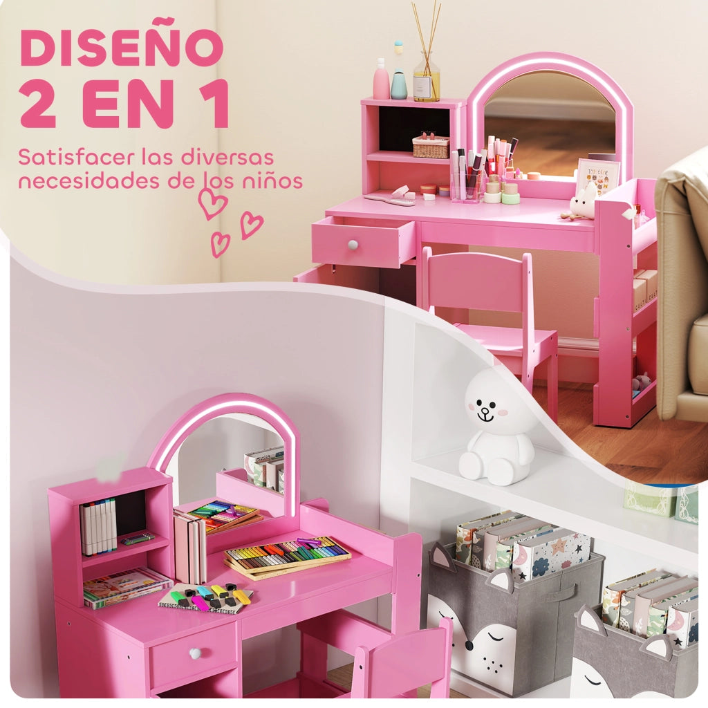 Cassettiera per Bambini con Specchio LED ¨C zephmum ¨C Rosa, Legno, 5 Ripiani