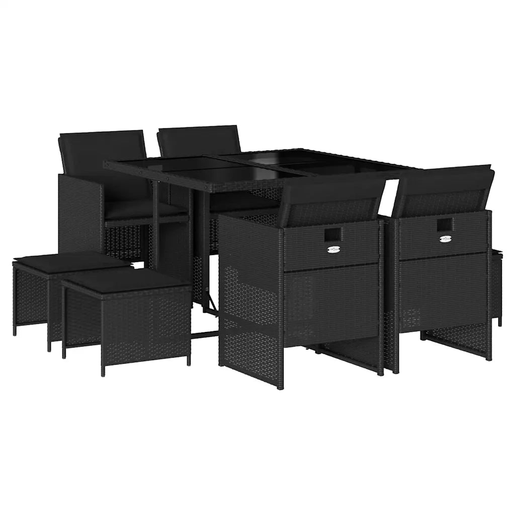 Set da Pranzo da Giardino 9 pz con Cuscini Nero in Polyrattan 3210595