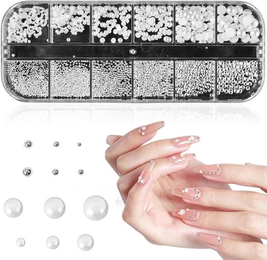 Set di decorazioni per unghie con perle bianche - Adattabile per salone di unghie - Perle in acciaio inossidabile - Decorazioni per unghie - Accessori per nail art - Sferette di perla bianca