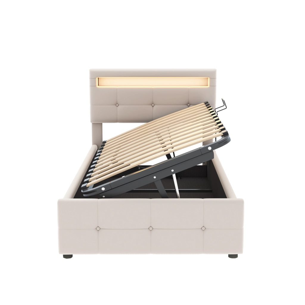 Letto imbottito 90x200 cm; con luci LED; velluto beige (Senza materasso)