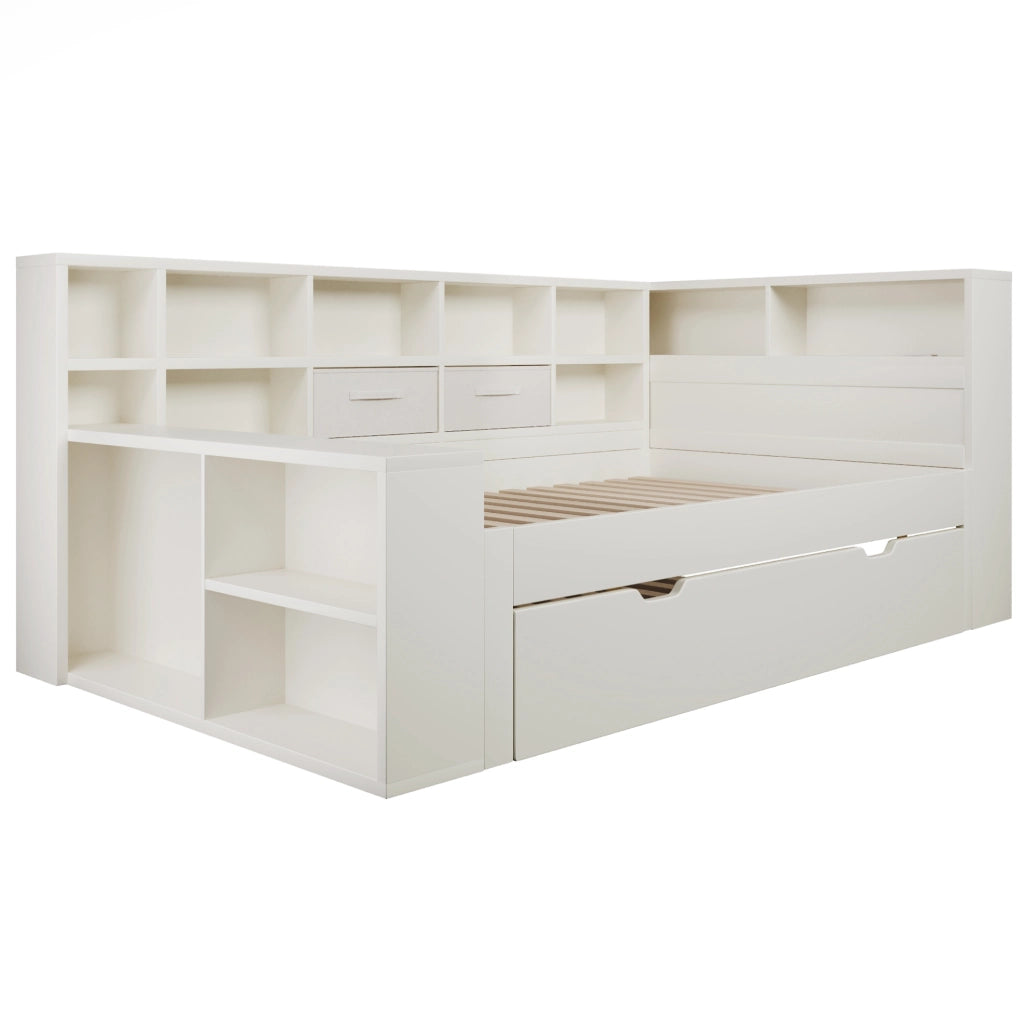 Letto 140x200 cm con letto estraibile; vani portaoggetti e porte USB/Type-C; bianco