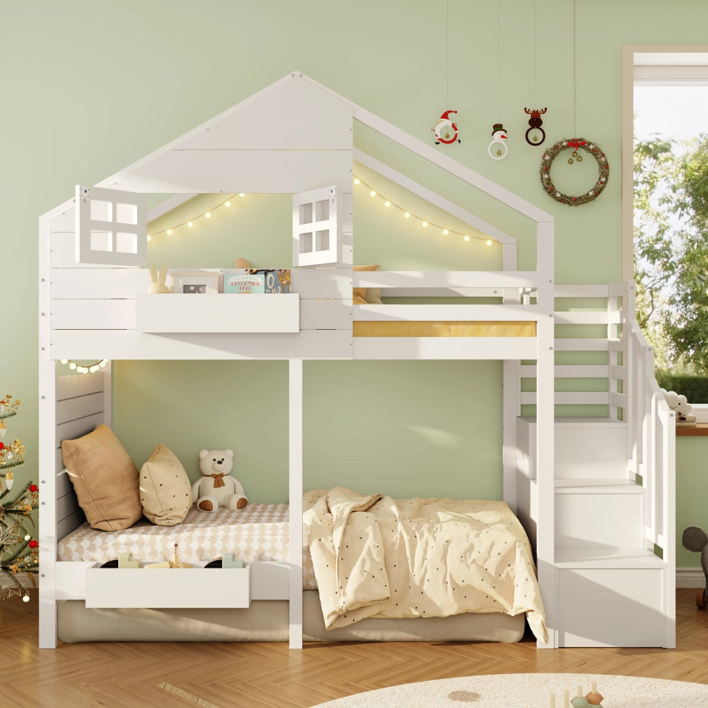 Letto a castello per bambini 90x200 cm in legno di pino massiccio, con finestra, scala contenitore e vani portaoggetti, bianco