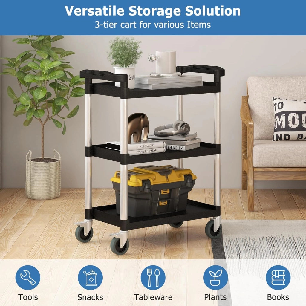 Carrello Rotolante in Metallo a 3 Livelli, Carrello per Strumenti Robusto con Ruote Universali Bloccabili, 2 Maniglie, Capacità 150 KG, Multifunzionale per Garage, Cucina, Magazzino