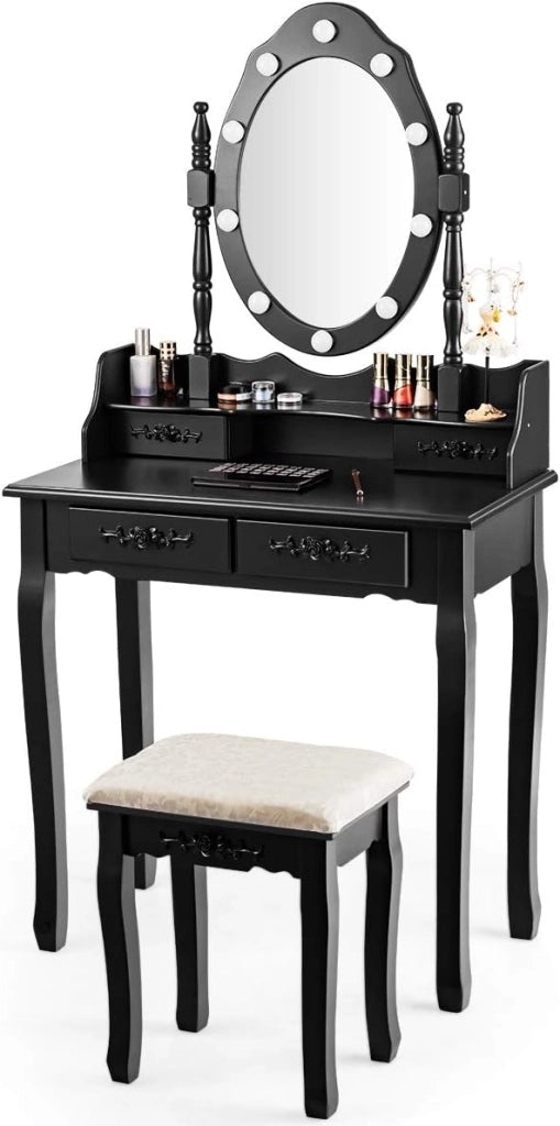 Toeletta Trucco, Postazione Trucco in Legno con Sgabello, 4 Cassetti e Specchiera Rimovibile Girevole a 360° con 10 LED Dimmerabili, Portata di 100+25 kg, 75x40x146cm (Nero)