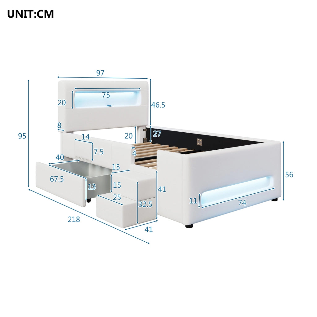 Letto imbottito con cassetto; luci LED e rivestimento in PU; 90x200 cm; bianco