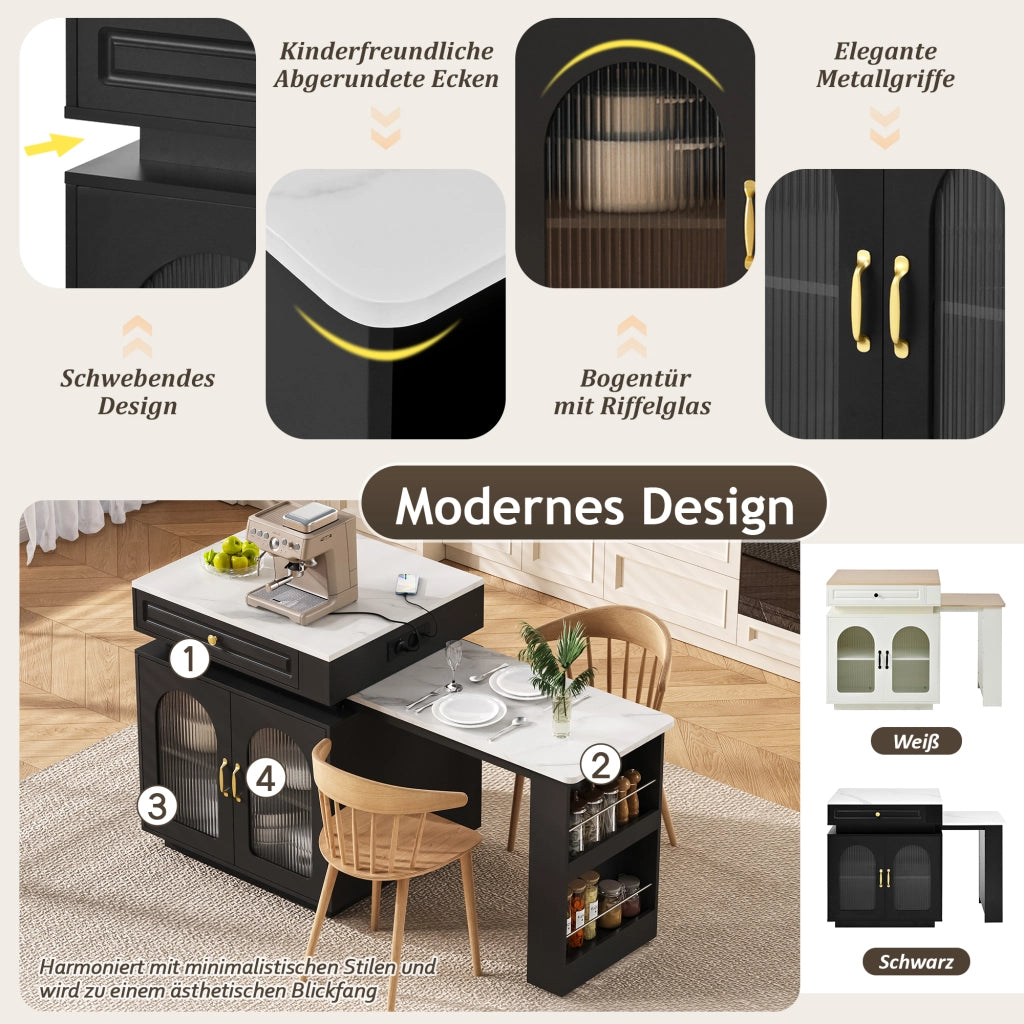 Tavolo da pranzo - isola cucina su ruote - estraibile con LED - bar con prese - nero - anta e sideboard