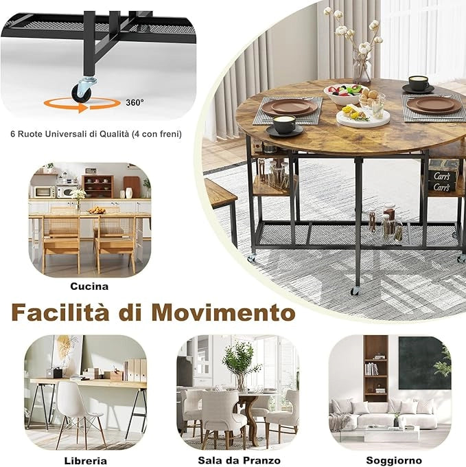 Set da Pranzo Pieghevole a 3 Pezzi, Tavolo da Cucina Rotondo con Ampio Piano e 2 Sgabelli, Scaffali e 6 Ruote Universali, Tavolo da Pranzo per Soggiorno, Sala da Pranzo e Cucina