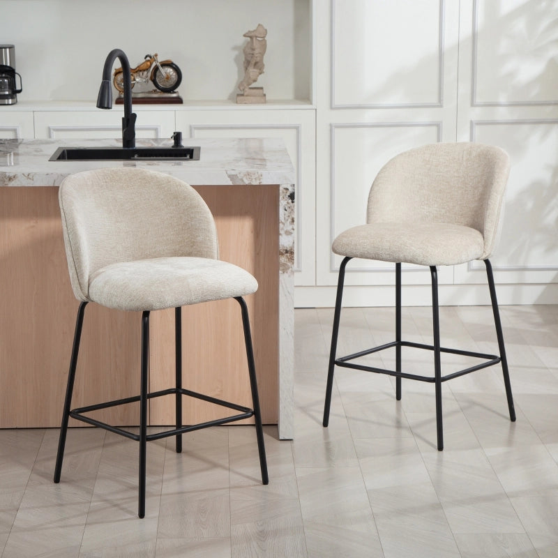 Set di 2 sgabelli da bar imbottiti con schienale e poggiapiedi, gambe in acciaio, beige