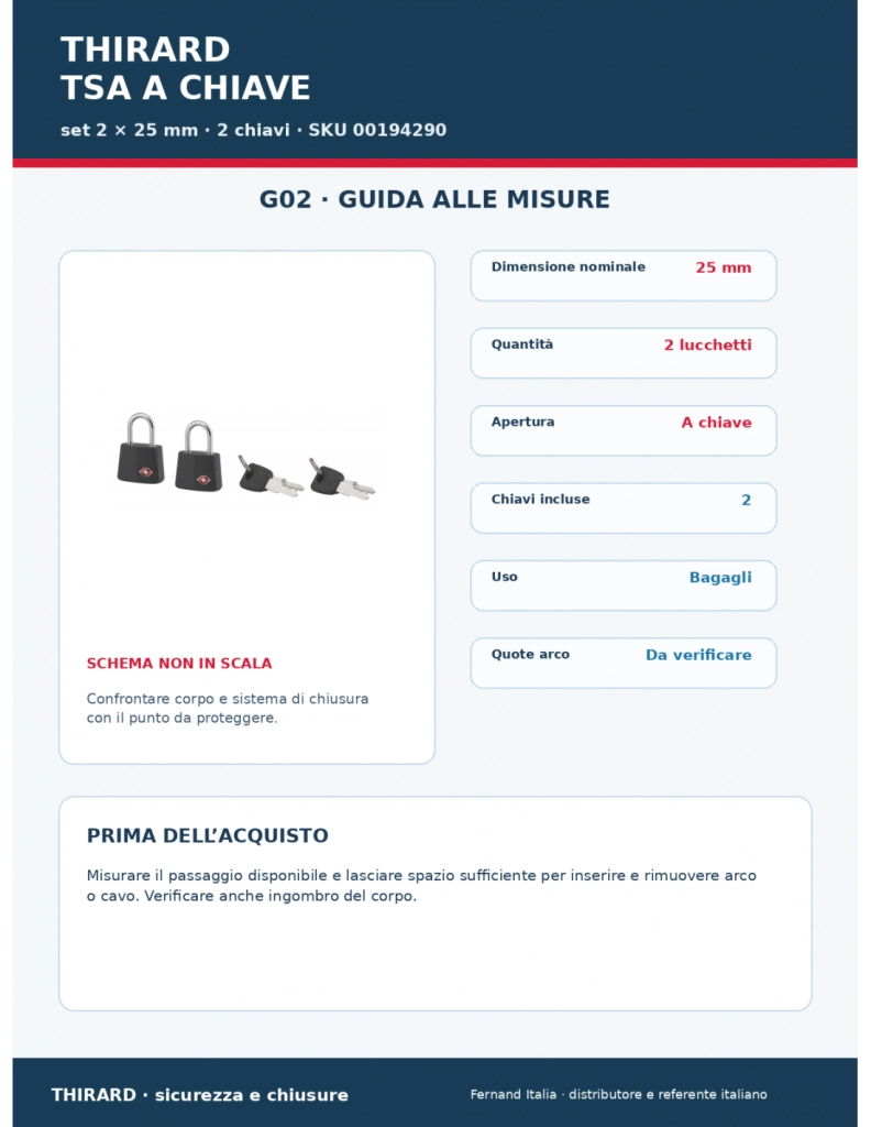 Set di 2 lucchetti TSA 25 mm per bagagli, arco nichelato, 2 chiavi – THIRARD