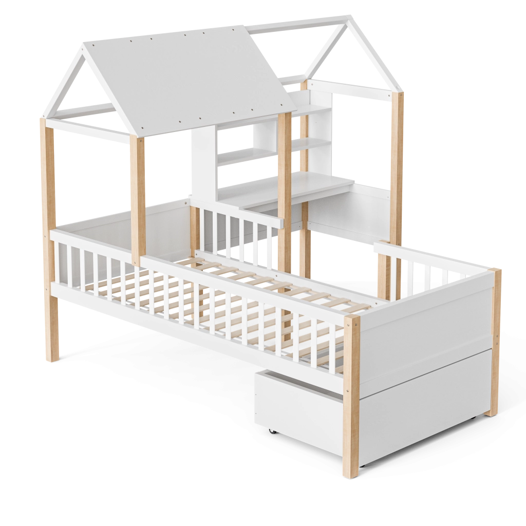 Letto per bambini 90 × 200 cm con scrivania, libreria, cassetti su ruote, sponda di sicurezza, senza materasso