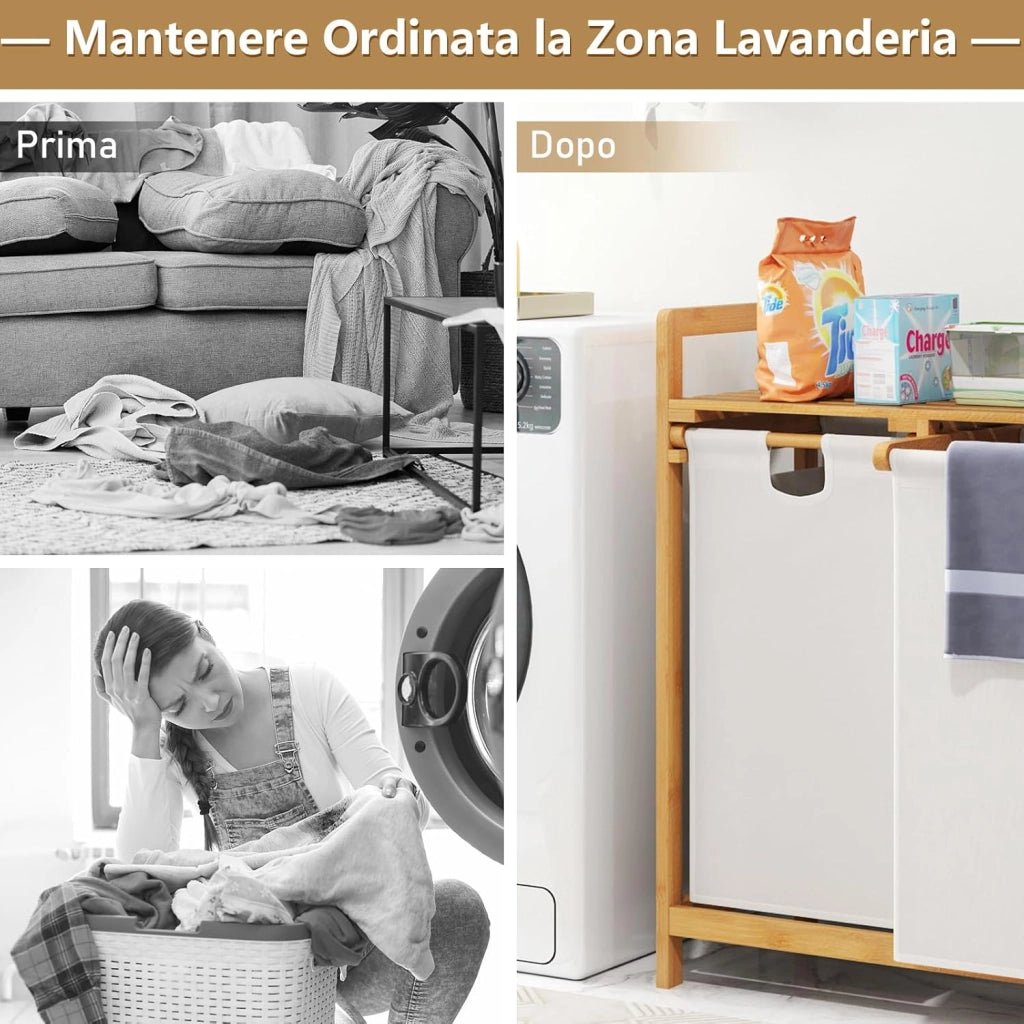 Cesto Portabiancheria in Bambù, Cesto della Biancheria Sporca con 2 Scompartimenti Estraibili, con Borse Rimovibili e Mensola in Alto, 64 x 33 x 73 cm (Bianco)