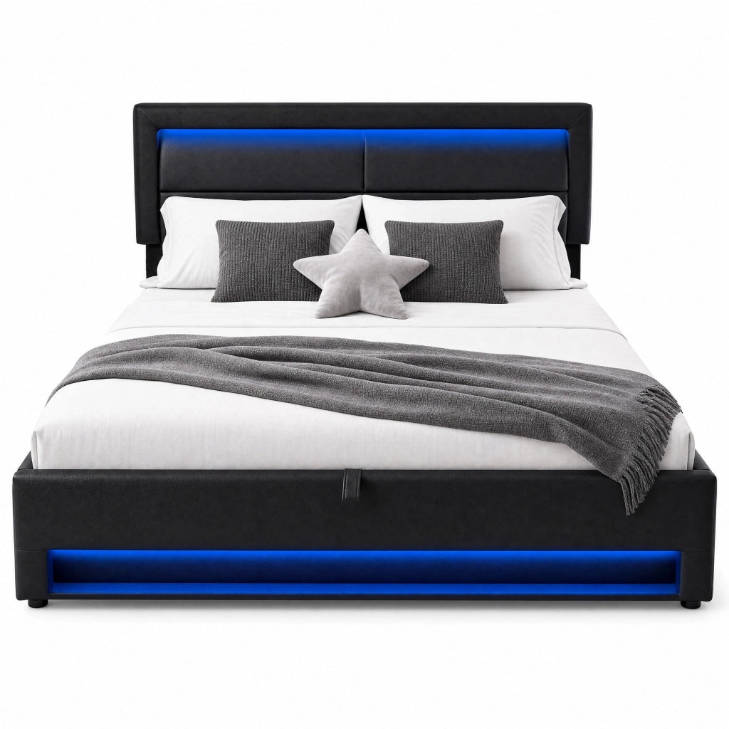 Letto imbottito 160x200 cm in PU nero con USB; LED e contenitore