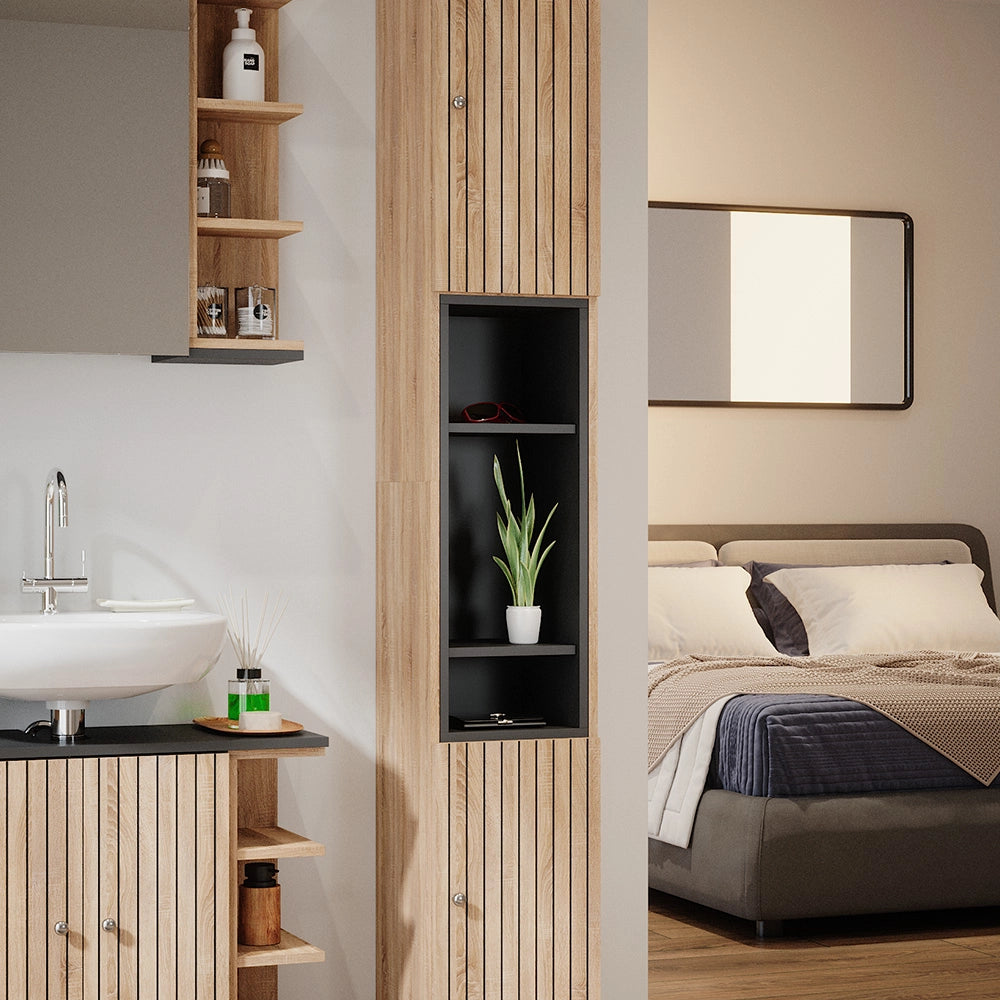 Vicco Armadio per il bagno Marrone 30 x 190 cm con ante e vani a giorno