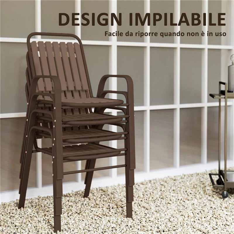 SET 4 SEDIE PER ESTERNO IMPILABILI CON SCHIENALE ALTO E BRACCIOLI IN ACCIAIO E PP 56X66X91 CM MARRONE SCURO