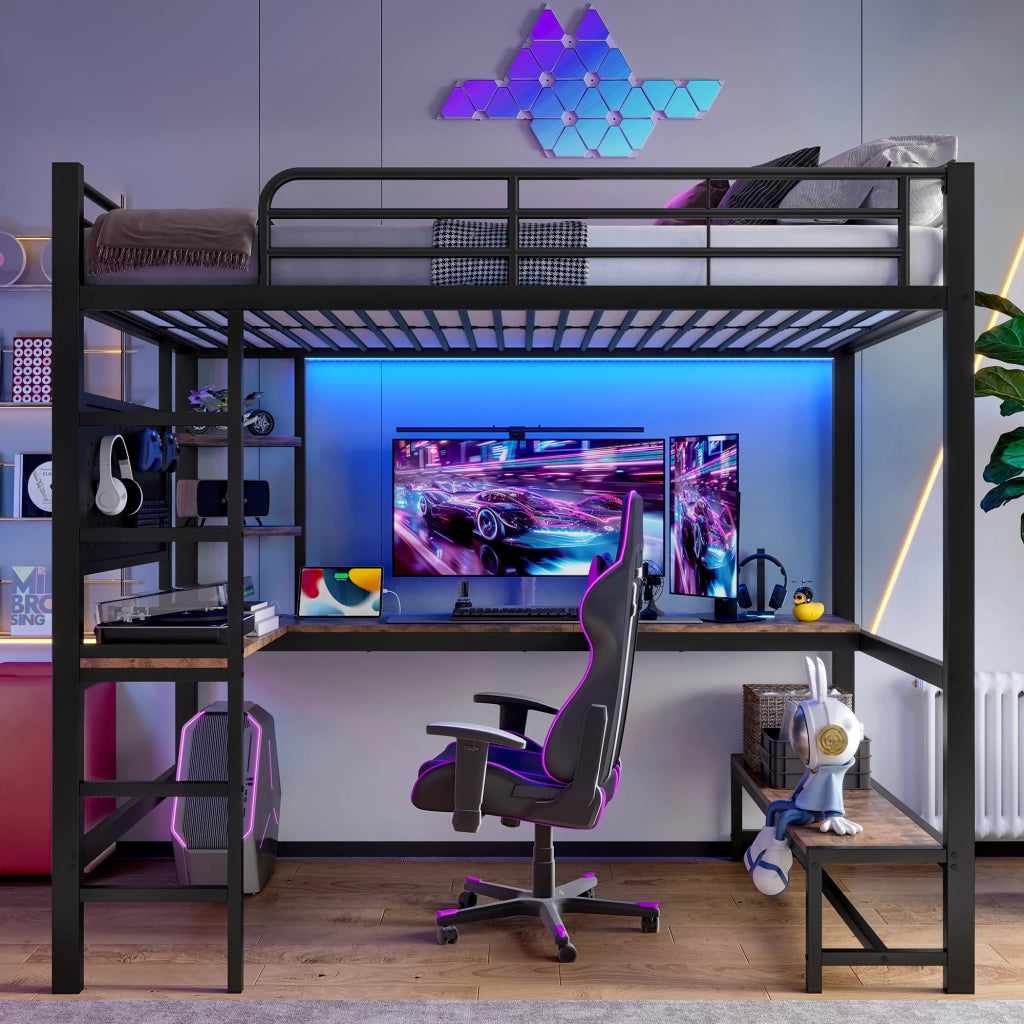 OKWISH Letto a soppalco 90×200 cm, Letto Singolo con Scrivania, Mensole, Pannello Forato, LED Regolabile e USB Type-C, senza Materasso, Nero