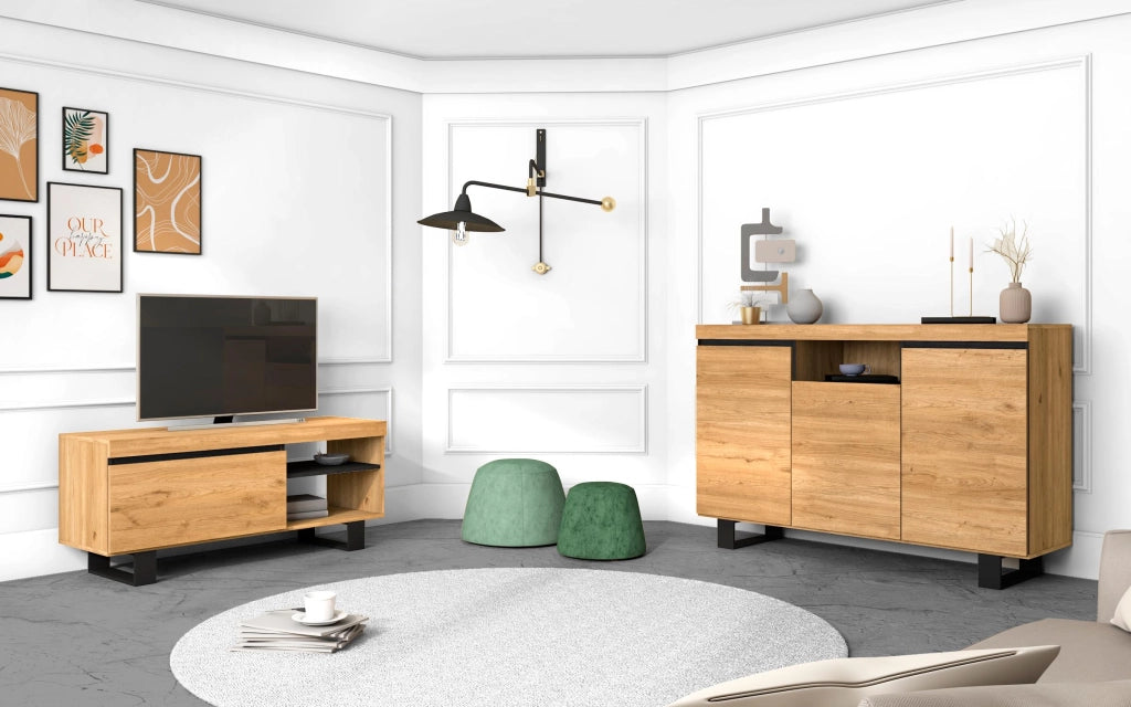 Set Naturale Sala da Pranzo, Mobile Ausiliario, Credenza-Mobile TV 120cm colore Rovere Nero Nordico RF988