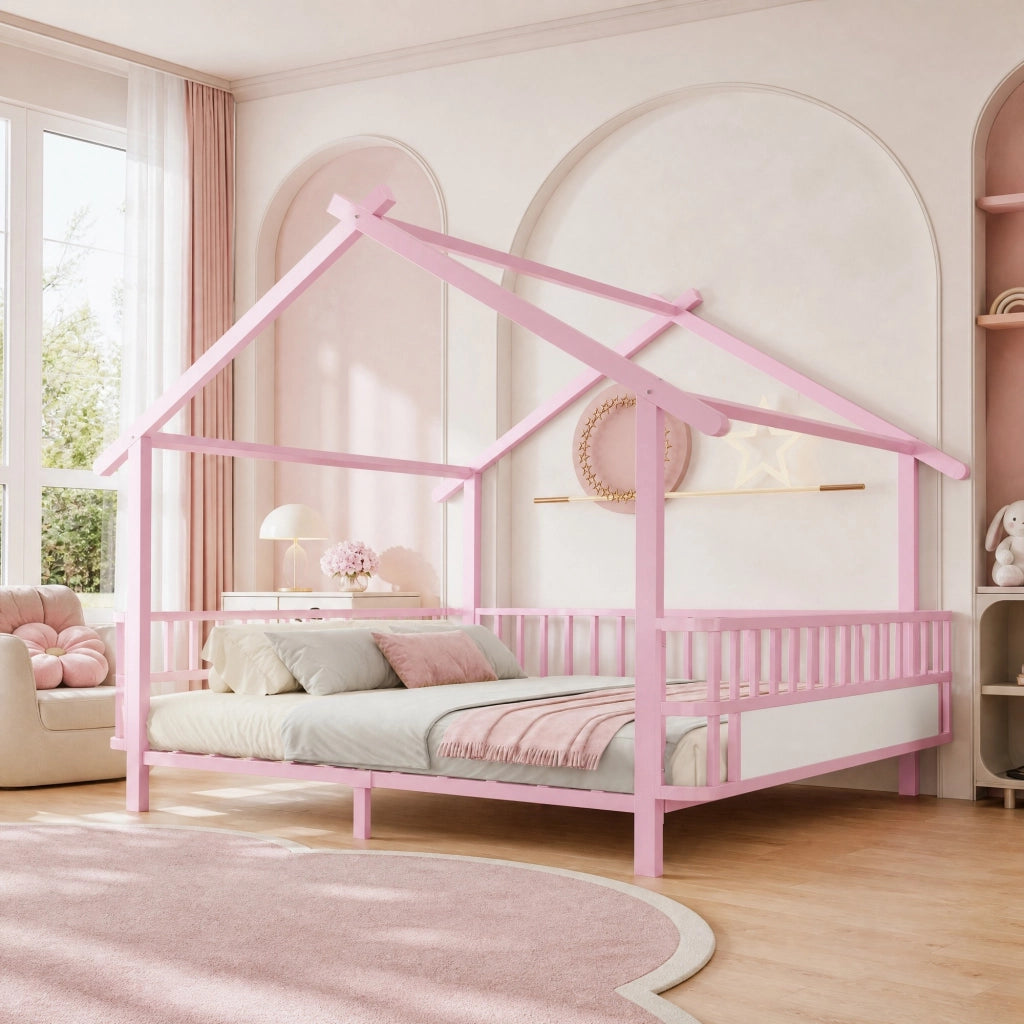 Letto per bambini in metallo con design a casetta 140 x 200 cm, rosa