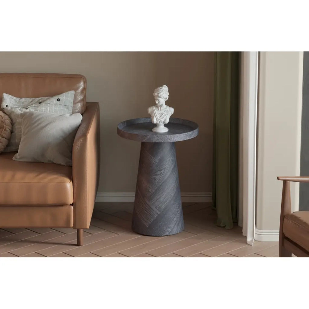 Tavolino rotondo collezione CARVELA – Decorazione grigio scuro – Bordo rialzato – D45 x H57 cm