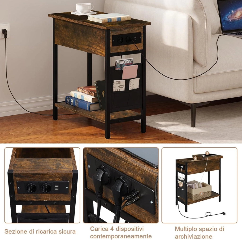 Tavolino da Salotto con Area di Ricarico, Tavolino da Divano Laterale, Comodino con Piano Ribaltabile, Scatola in Tessuto, 2 Prese e 2 Porta USB, Rovere Vintage