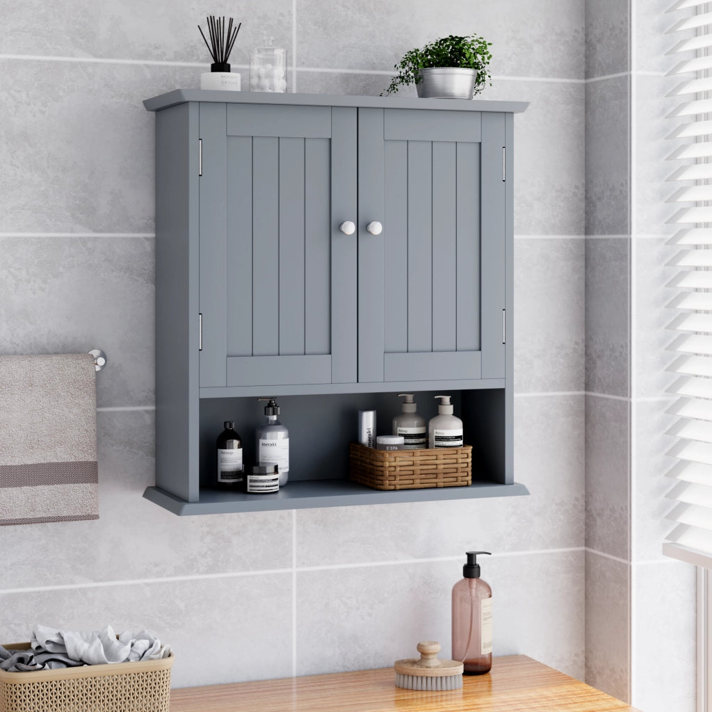 Armadietto da bagno pensile in MDF grigio chiaro con ripiani interni regolabili, mobile salvaspazio da parete