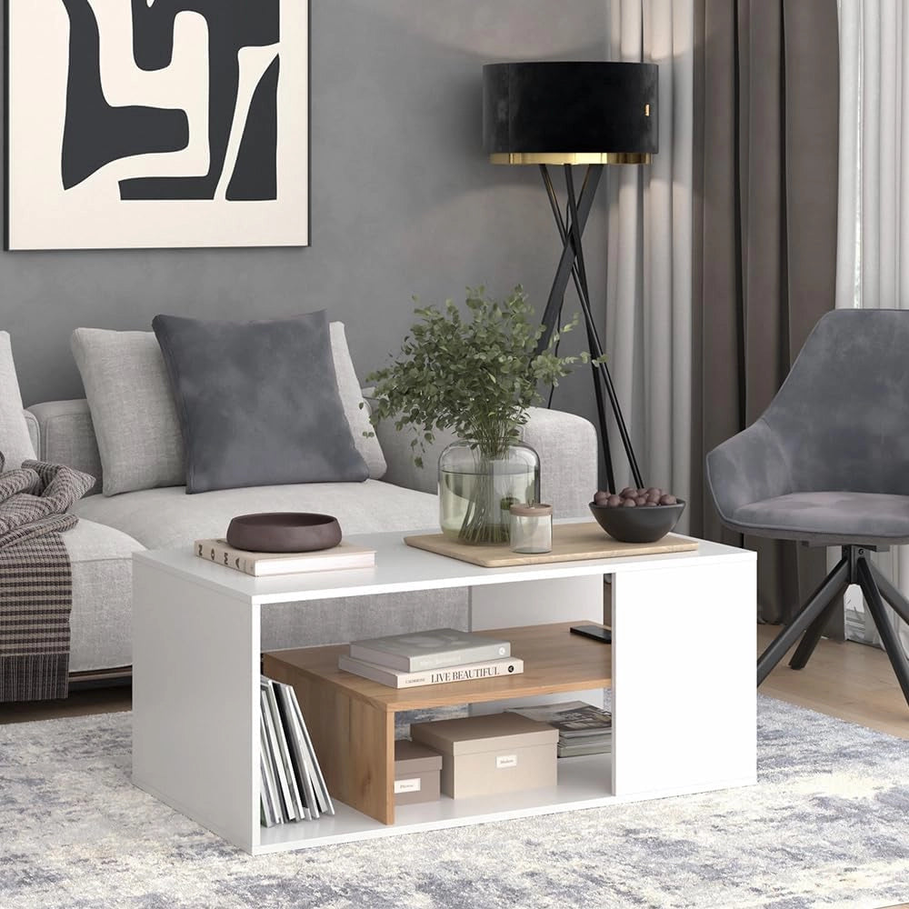 Tavolino da salotto Edgar, Rovere bianco/dorato, 110 x 59 cm, con ulteriore ripiano sotto il piano del tavolo