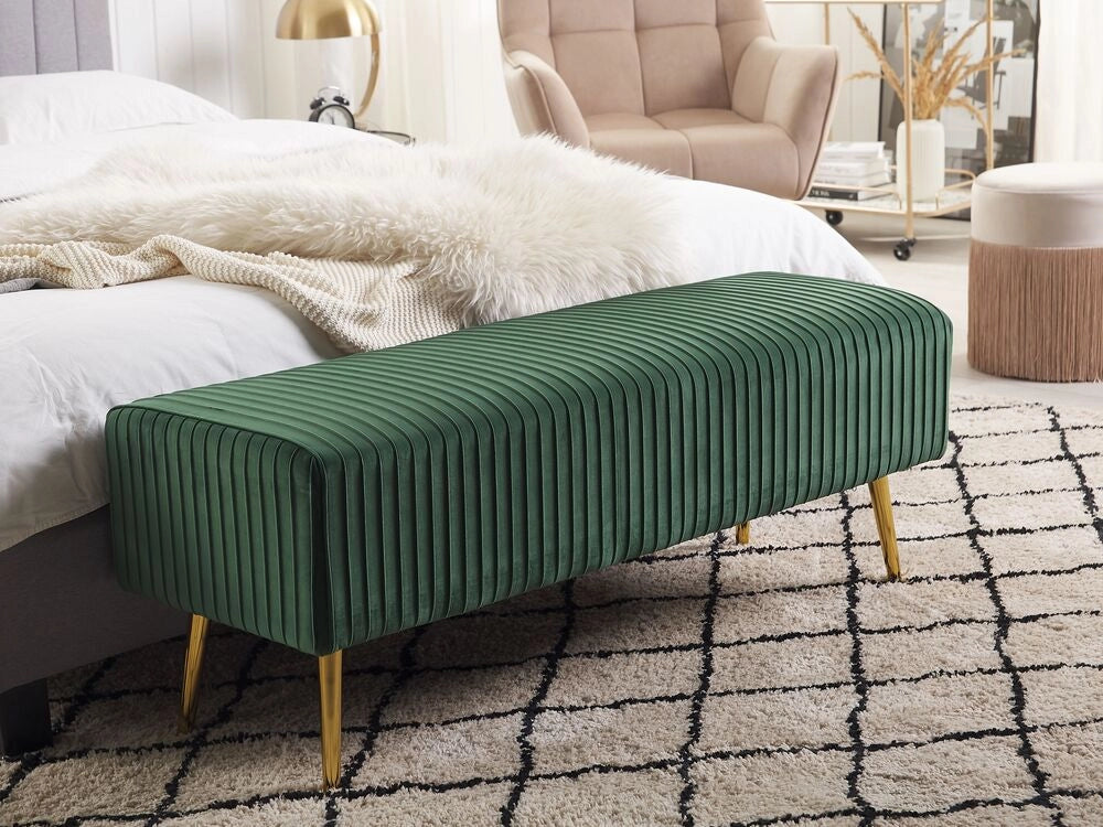 Panca Velluto Verde Smeraldo Imbottito Gambe In Metallo dorato 118 cm Glamour Soggiorno Camera Da Letto Corridoio